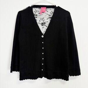 Charlotte Tarantola Sweater Large Black Lace Floral Crystal Button Cardigan